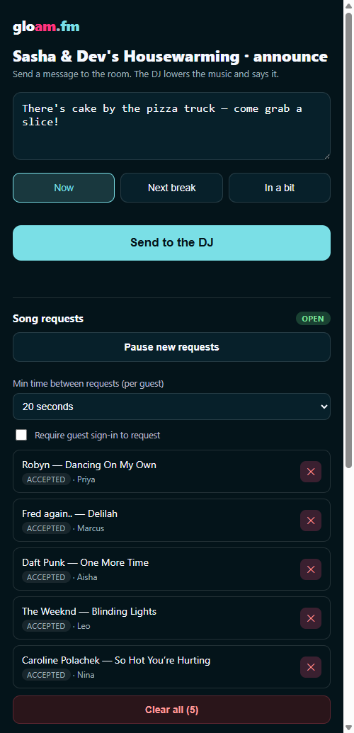 The gloam.fm host announcements screen — type a message, choose when the DJ says it, and manage live song requests