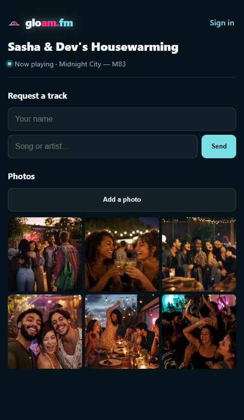The gloam.fm app — request a track and add party photos from your phone