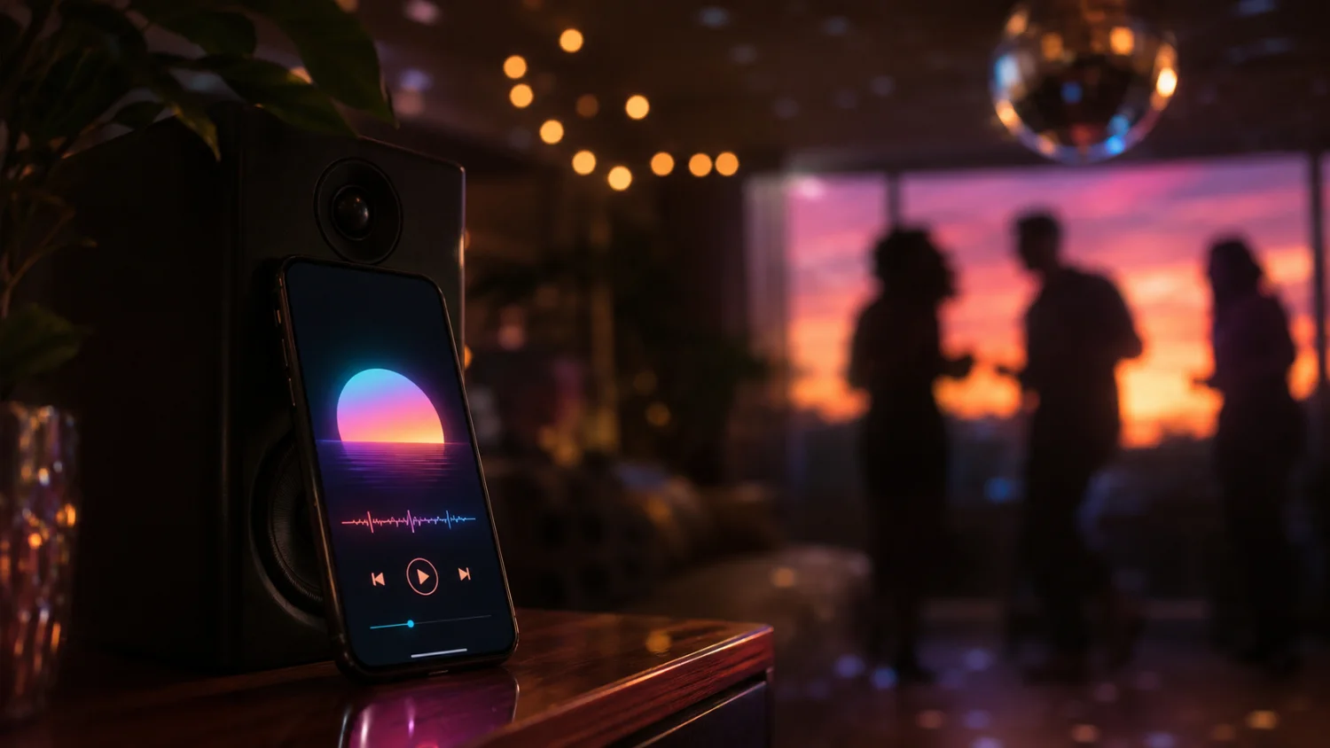 A phone running Gloam on a speaker at a house party at dusk
